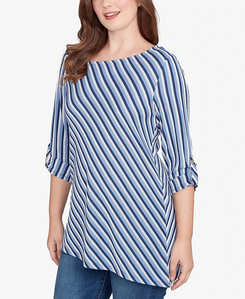 Ruby Rd. Petite Textured Stripe Roll Tab Sleeve Top