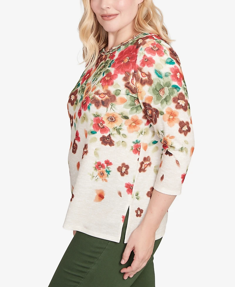 Alfred Dunner Petite Mount Laurel Floral Detailed Neck Top