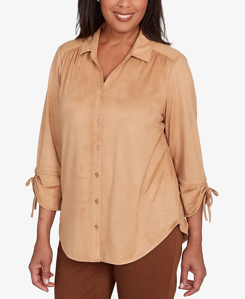 Alfred Dunner Petite Mount Laurel Button Front Faux Suede Top