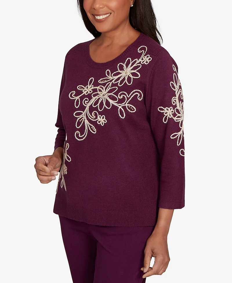 Alfred Dunner Petite Urban Legend Diagonal Floral Embroidered Sweater