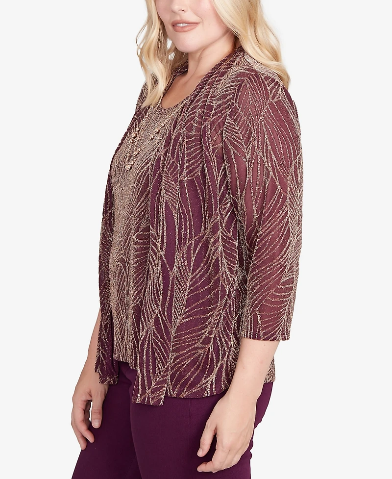 Alfred Dunner Petite Urban Legend Glitter Leaf Two One Top with Necklace