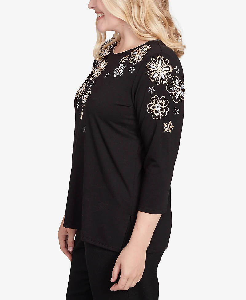 Alfred Dunner Petite Gold Floral Embroidered Three Quarter Sleeve Top