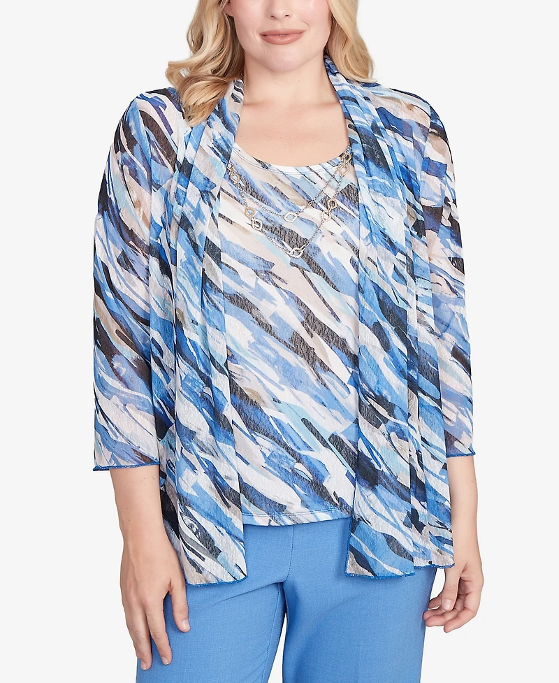 Alfred Dunner Petite Textured Mesh Printed Two One Top with Necklace