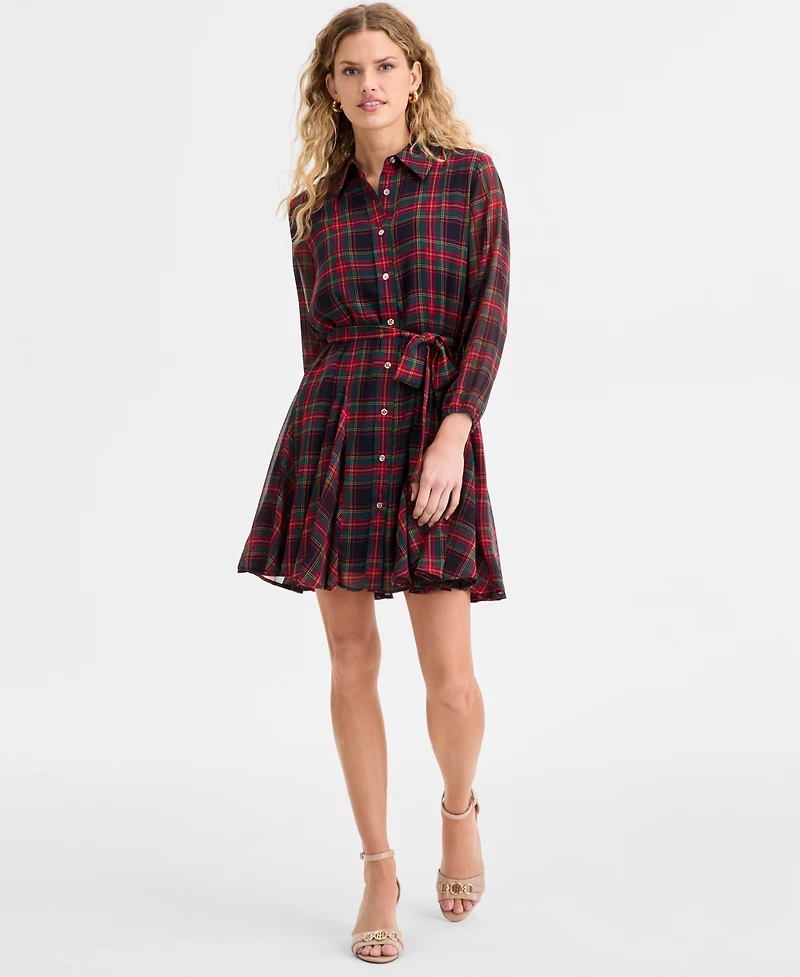 Tommy Hilfiger Women's Plaid Short Flared Shirtdress