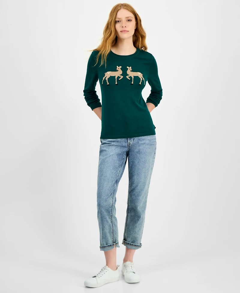 Nautica Jeans Women's Cotton Deer-Graphic Sweater