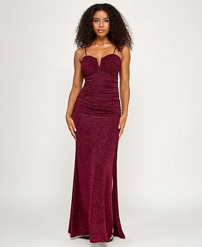 Emerald Sundae Juniors' Glitter-Knit Notched-Neck Gown