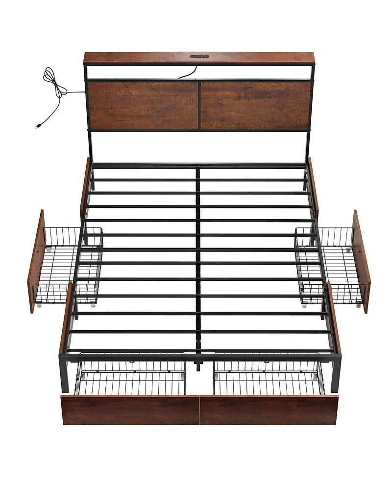 Hausource Modern Queen Bed Frame with Led Headboard, 4 Storage Drawers, No Box Spring Needed