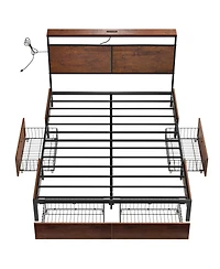 Hausource Modern Queen Bed Frame with Led Headboard, 4 Storage Drawers, No Box Spring Needed