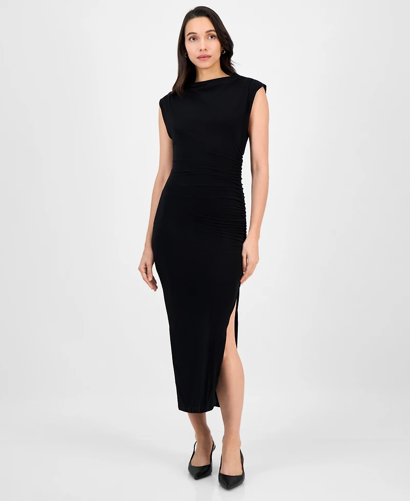 Robbie Bee Women's Funnel-Neck Ruched Bodycon Dress