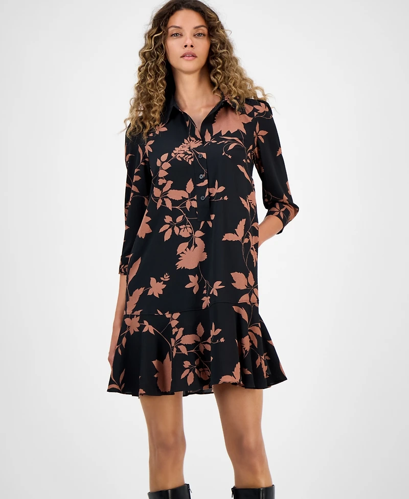 Robbie Bee Women's Printed Collared Ruffle-Hem Shift Dress