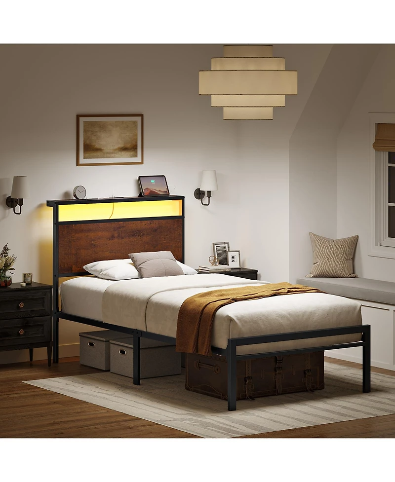 Hausource Industrial Twin Size Bed Frame with Storage Led Headboard, Charging Station, No Box Spring Needed