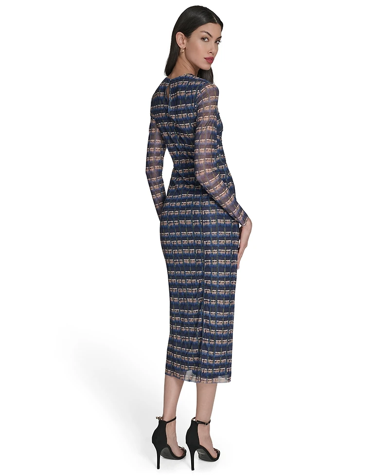 Vince Camuto Women's Printed-Mesh Long-Sleeve Bodycon Dress