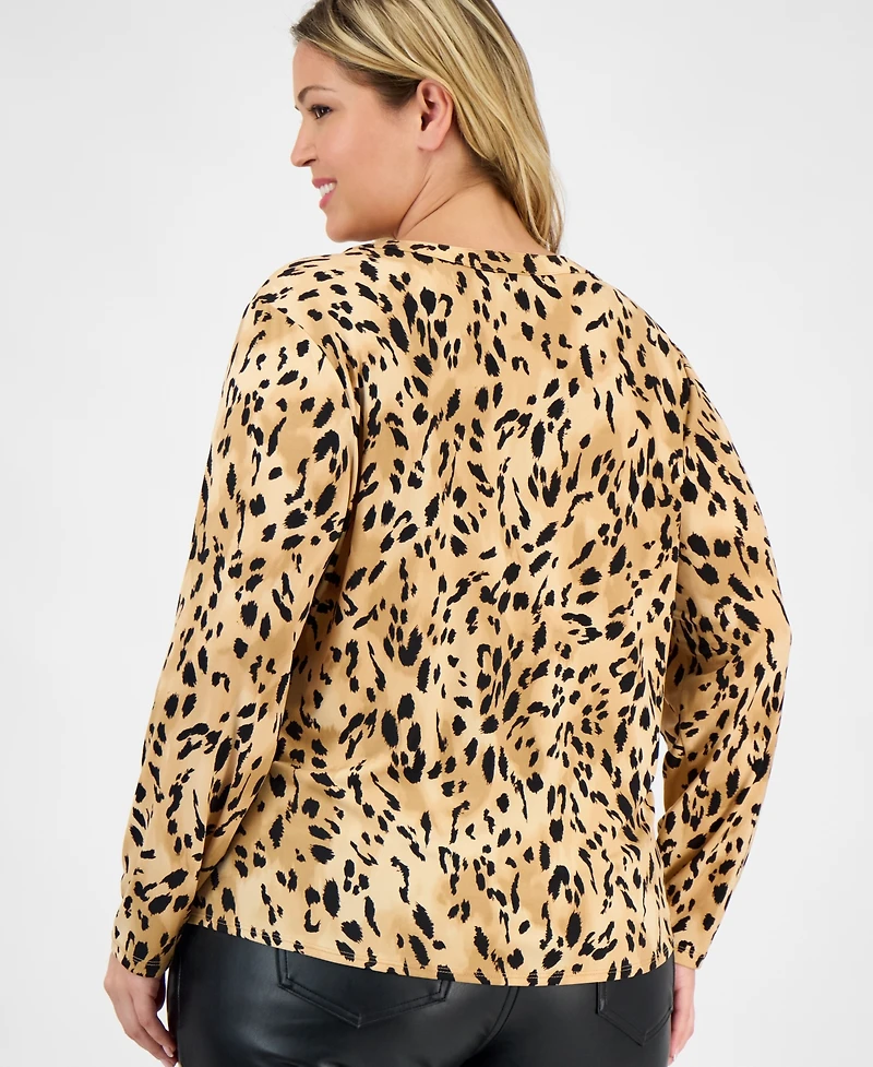 I.n.c. International Concepts Plus Printed Long-Sleeve Button-Neck Top, Macy's Exclusive