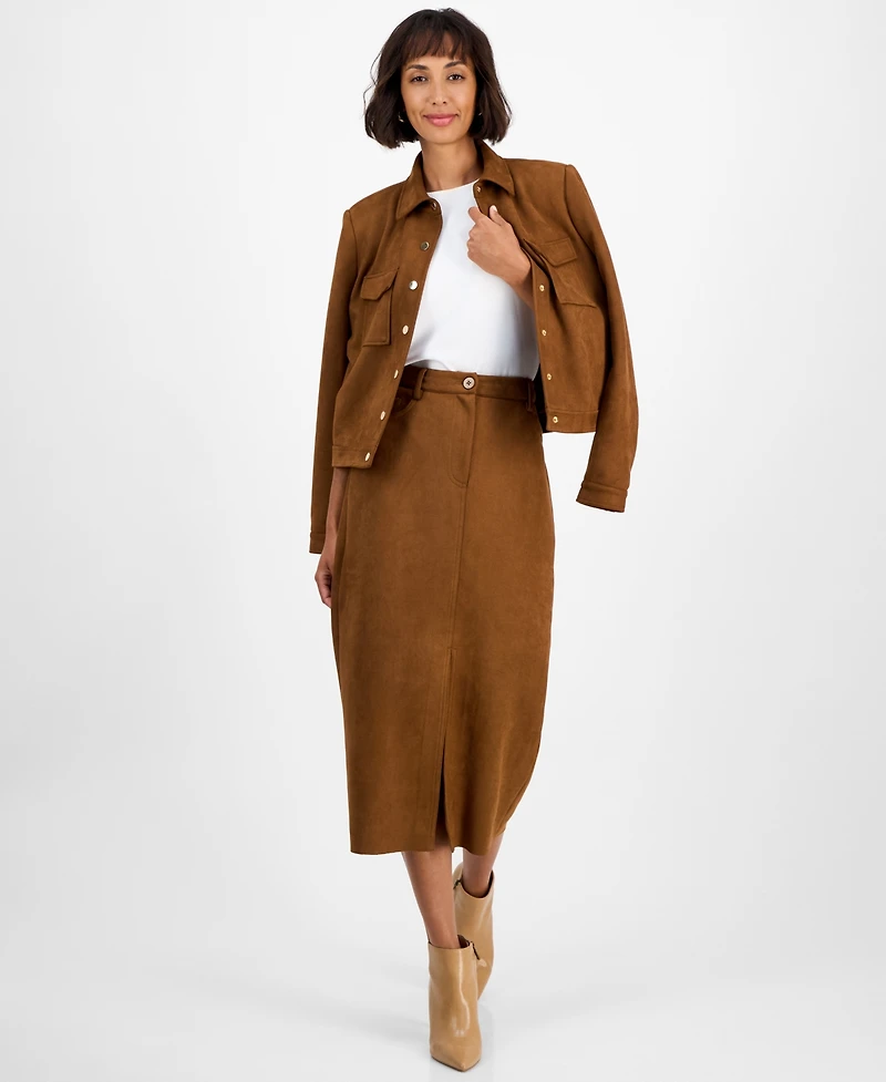 T Tahari Women's Faux-Suede Slit-Front Midi Skirt