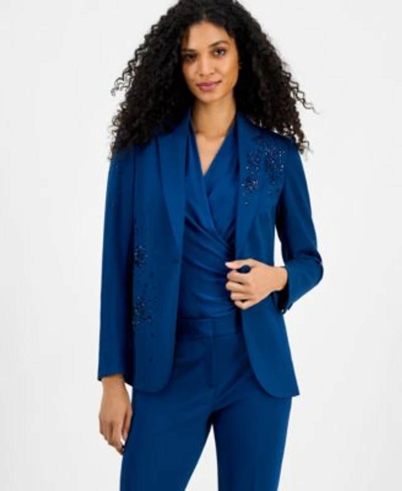 Anne Klein Womens Embellished One Button Jacket Shirred Surplice Neck Sleeveless Top Embellished Mid Rise Capri Pants