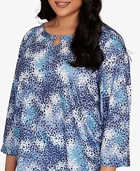 Hearts Of Palm Plus Printed Poly Square Ring Neck Top