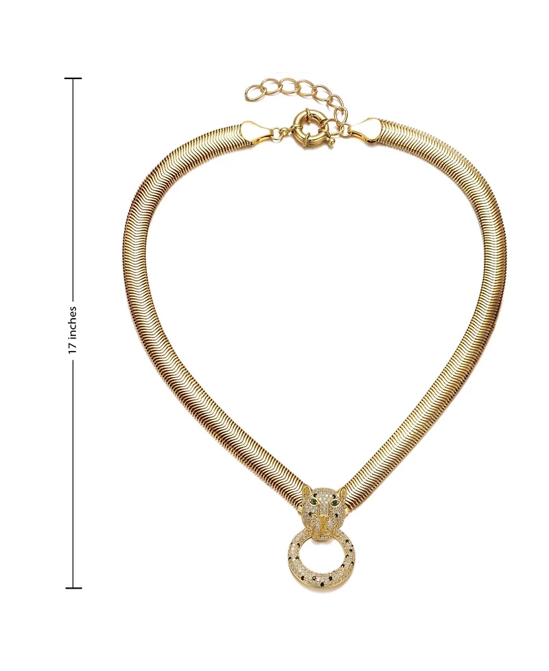 14k Yellow Gold Plated with Green & Cubic Zirconia Panther Head Door Knocker Wire Herringbone Chain Necklace - Adjustable w/ Extension Chain