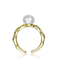 14K Gold Plated with Curved Design and Pearl Accent Open-Style Ring