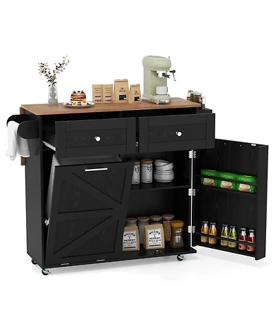 Costway Rolling Kitchen Island Cart with Drop Leaf Trash Can Cabinet