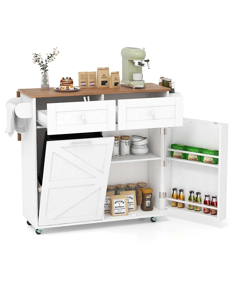 Costway Rolling Kitchen Island Kitchen Island Cart with Drop Leaf Trash Can Cabinet