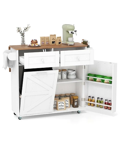 Costway Rolling Kitchen Island Kitchen Island Cart with Drop Leaf Trash Can Cabinet