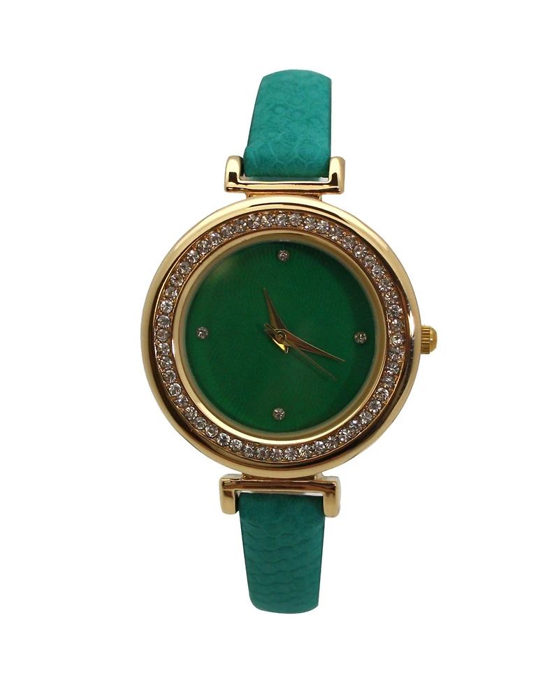 Olivia Pratt Teal Faux Leather Solid Colors and Rhinestones Women Watch