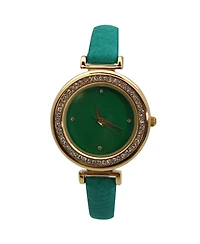 Olivia Pratt Teal Faux Leather Solid Colors and Rhinestones Women Watch