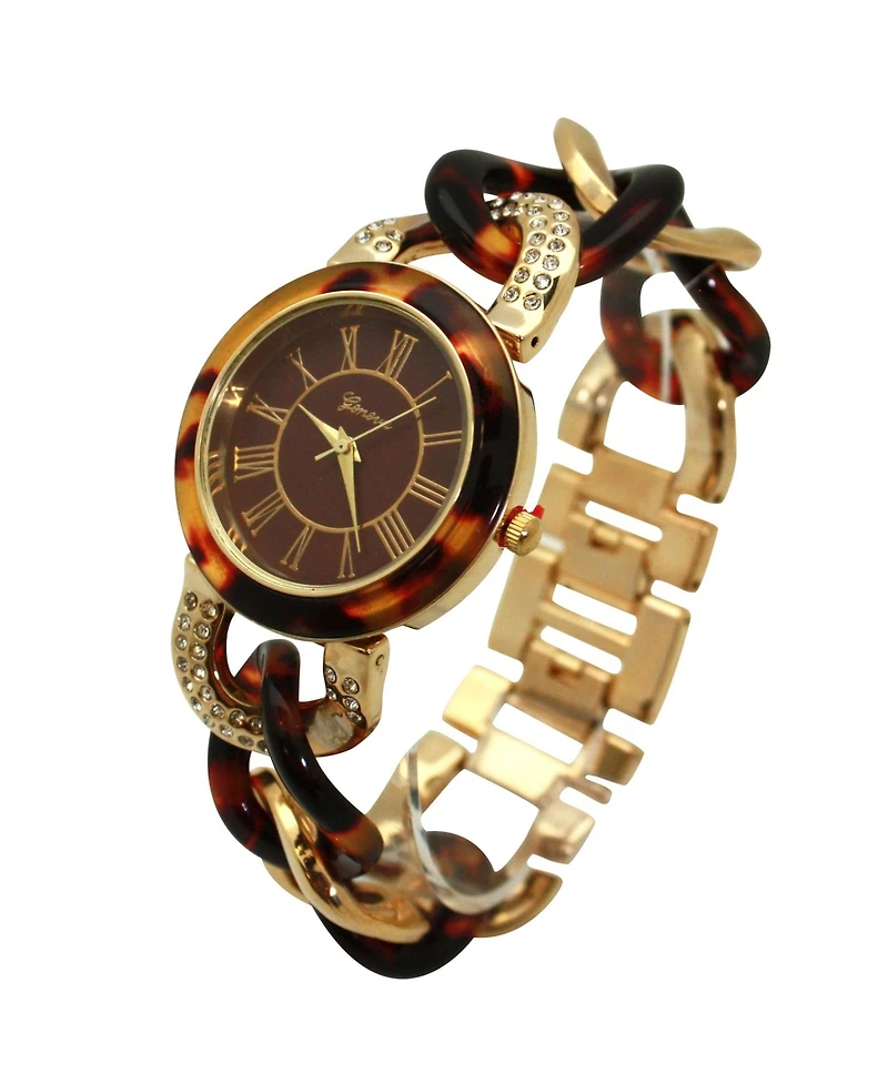 Olivia Pratt Brown Gold and Rhinestones Chain Tortoise Strap Women Watch