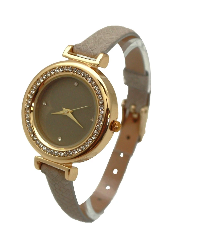 Olivia Pratt Taupe Thin Solid Color Strap and Rhinestones Women Watch