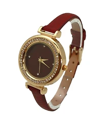 Olivia Pratt Burgundy Thin Solid Color Strap and Rhinestones Women Watch
