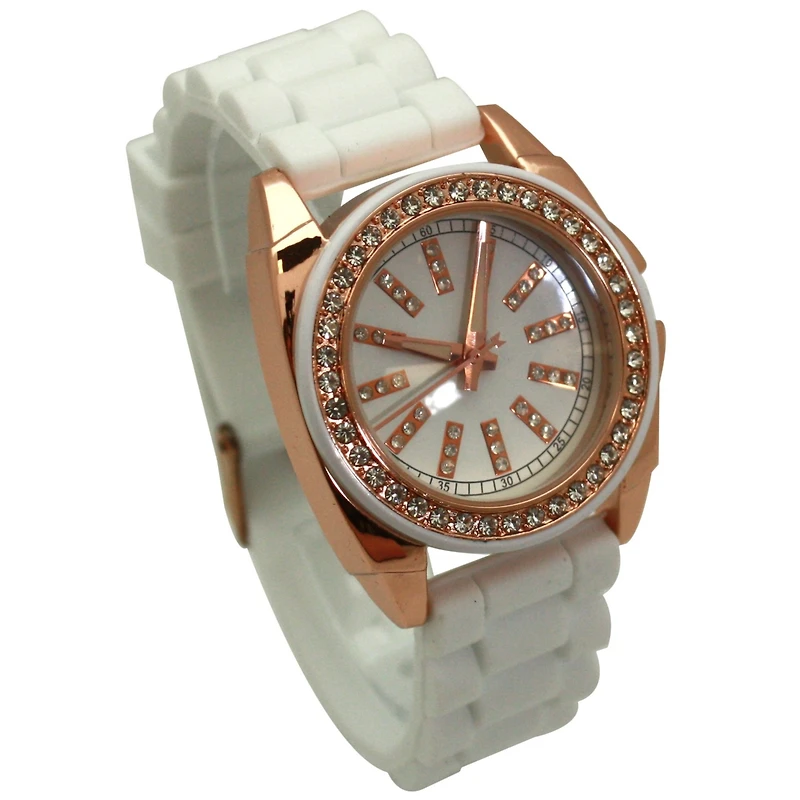 Olivia Pratt White Bright Silicone Band with Rhinestones Numeral Women Watch