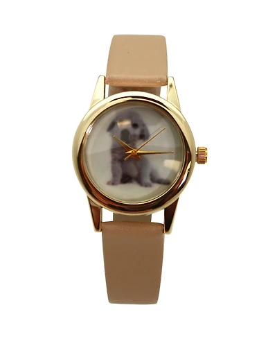 Olivia Pratt Beige Cat and Dog Face Faux Leather Band Women Watch