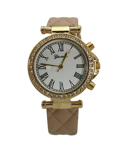 Beige Quilted and Gold Detail Leather Strap Watch