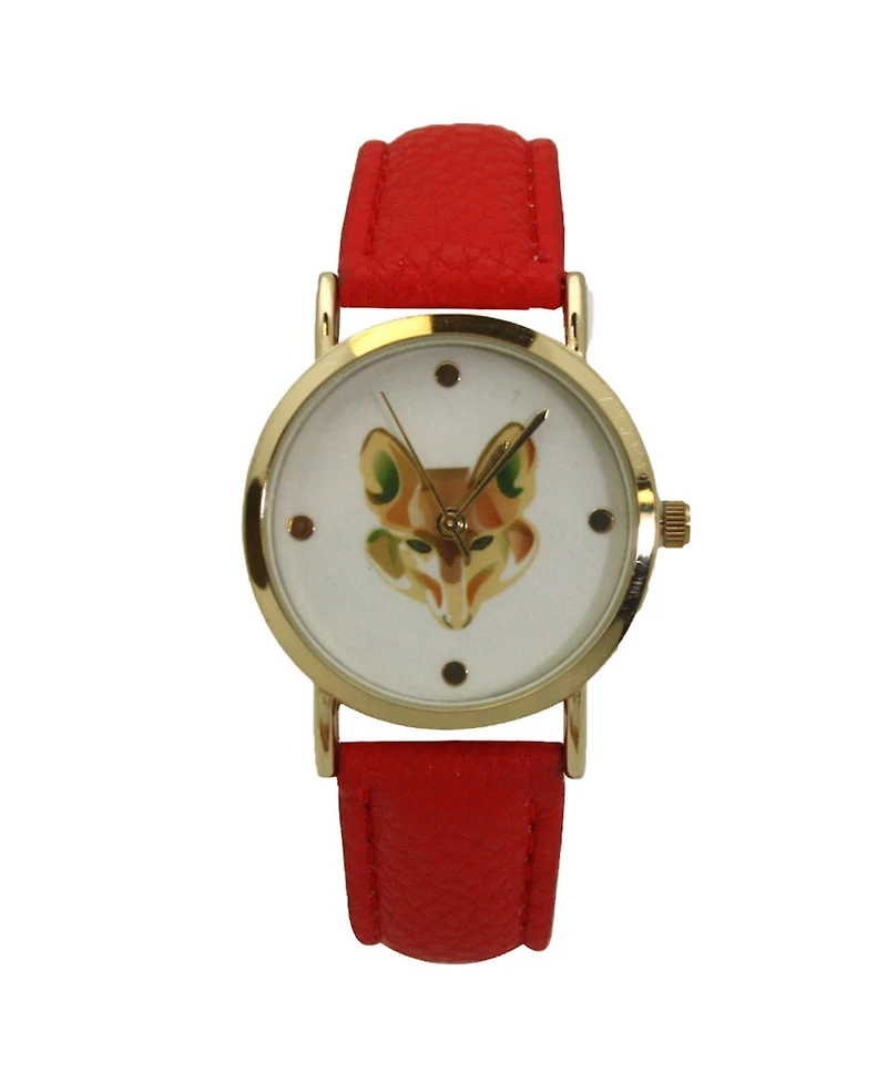Red Fox Face Leather Strap Watch