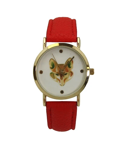 Red Fox Face Leather Strap Watch