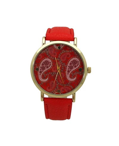 Red Paisley Face Leather Strap Watch