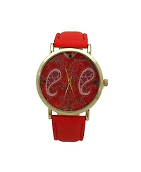 Red Paisley Face Leather Strap Watch