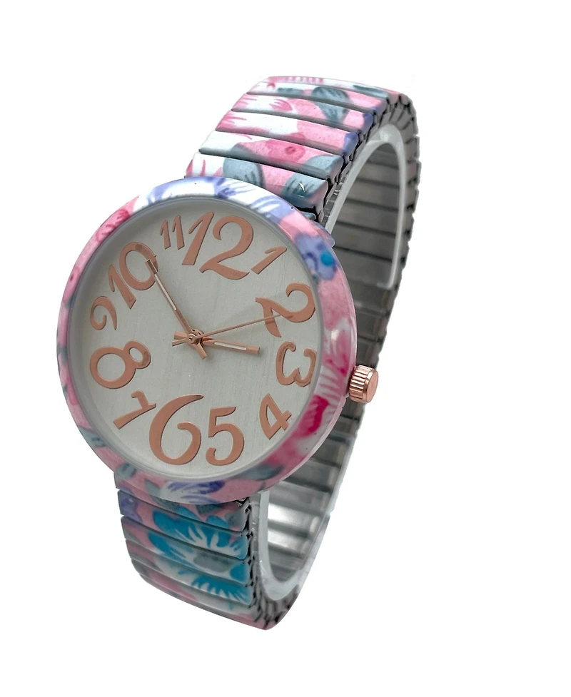 Olivia Pratt Light Blue Floral Big Dial Easy Reader Watch Floral Elastic Stretch Band Wristwatch Women Watch