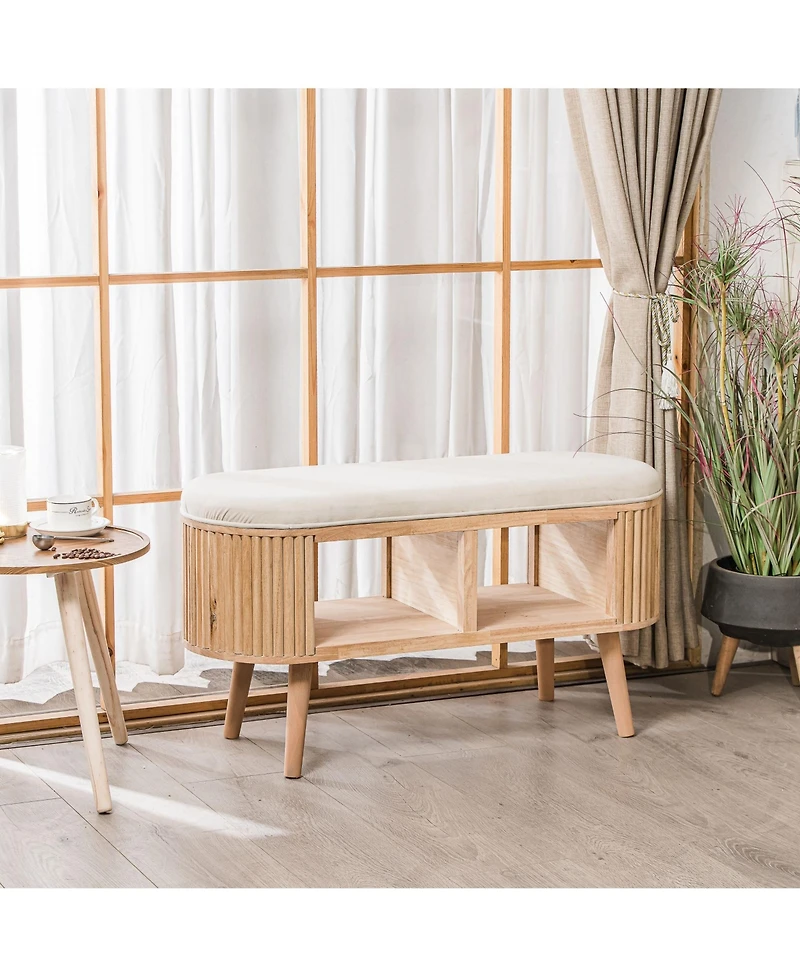 Nordlys - Beige Velvet and Wood Storage Bench Exotic Boho Entry