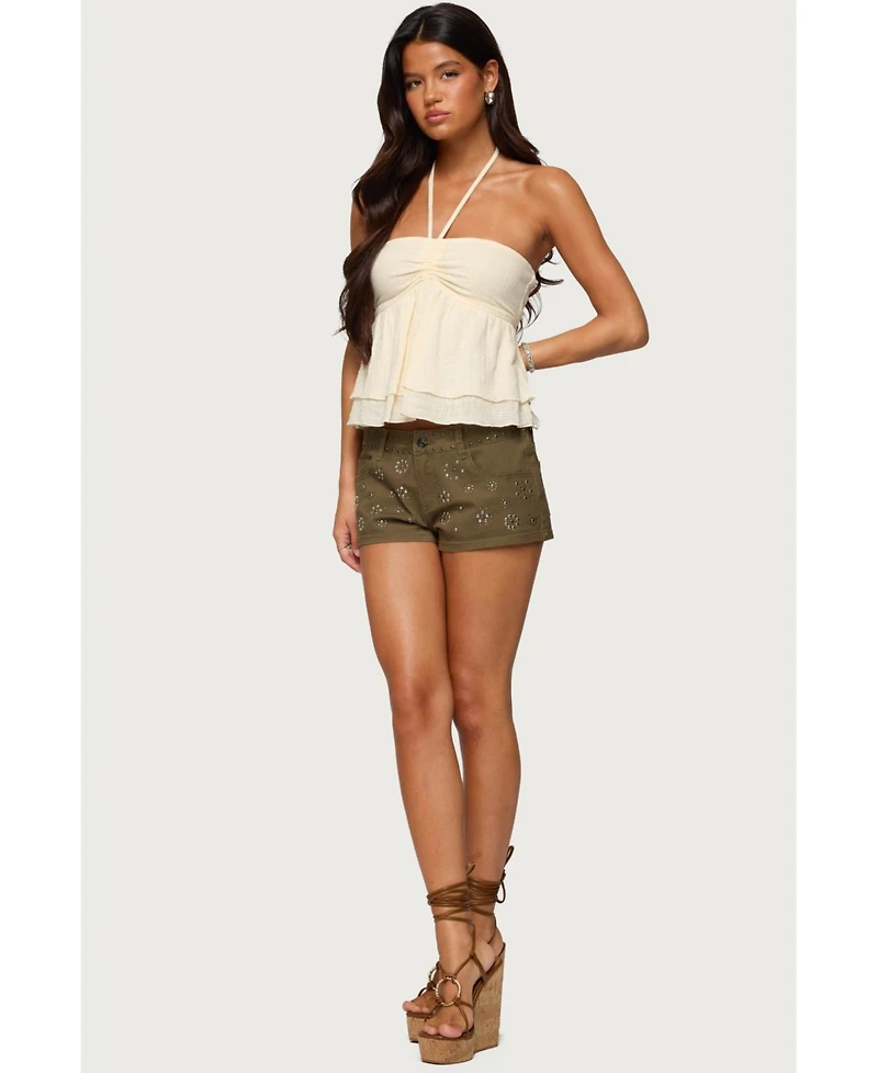 Edikted Womens Layered Linen Look Babydoll Halter Top