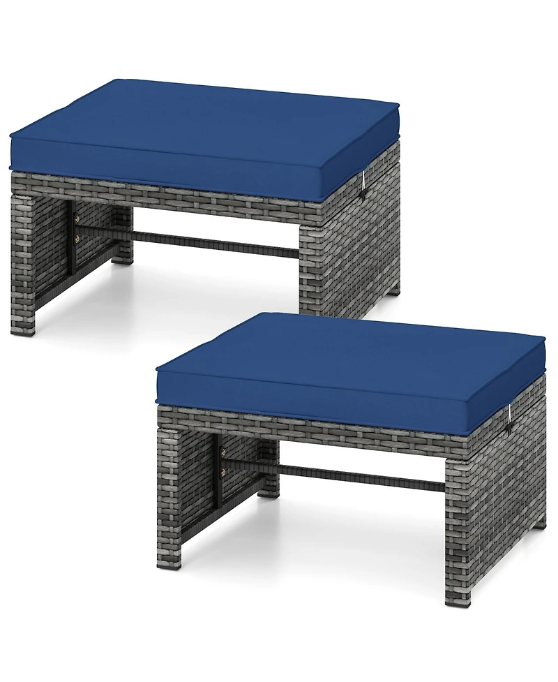 Gymax 2 Pieces Patio Pe Rattan Ottomans with Soft Zippered Cushions for Deck