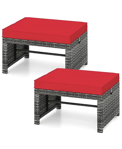 Gymax 2 Pieces Patio Pe Rattan Ottomans with Soft Zippered Cushions for Deck