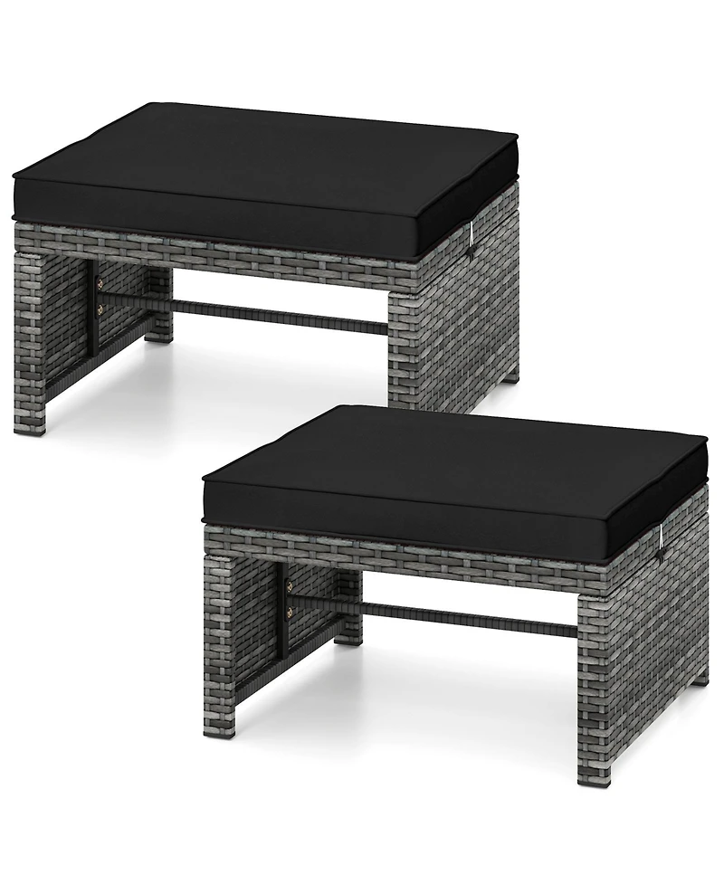 Gymax 2 Pieces Patio Pe Rattan Ottomans with Soft Zippered Cushions for Deck