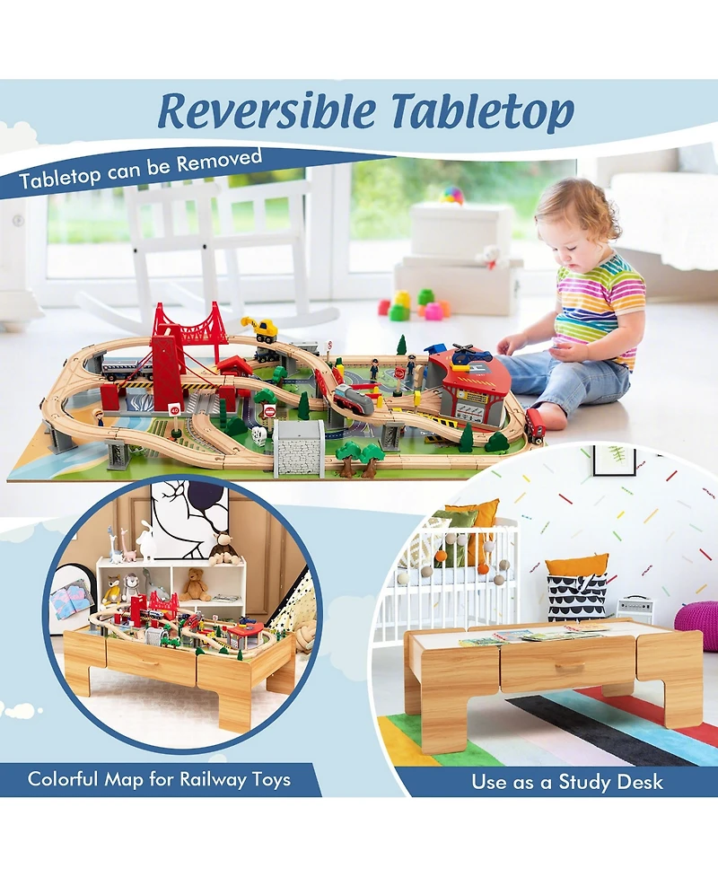 Kids Wooden Train Set & Double-Sided Table Playset w/100 Pieces & Storage Drawer