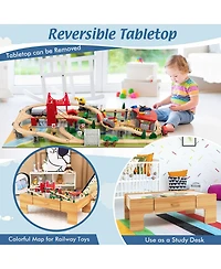 Kids Wooden Train Set & Double-Sided Table Playset w/100 Pieces & Storage Drawer