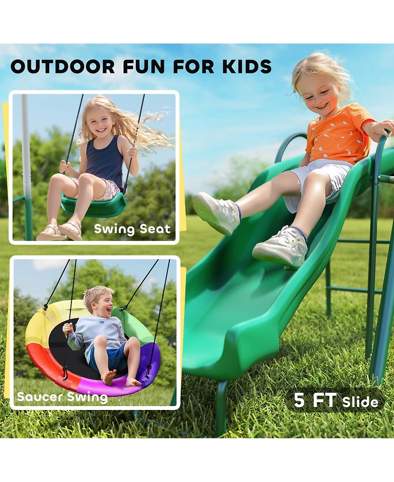 Qaba Metal Swing Set with Slide, Heavy Duty Swing Set,