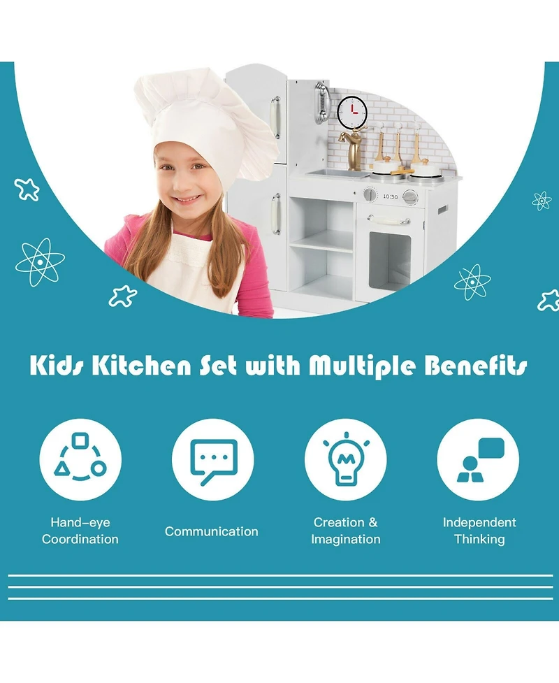 Akiudex Wooden Kids Play Kitchen Set with Stove, Sink, Clock, and Storage Cabinets