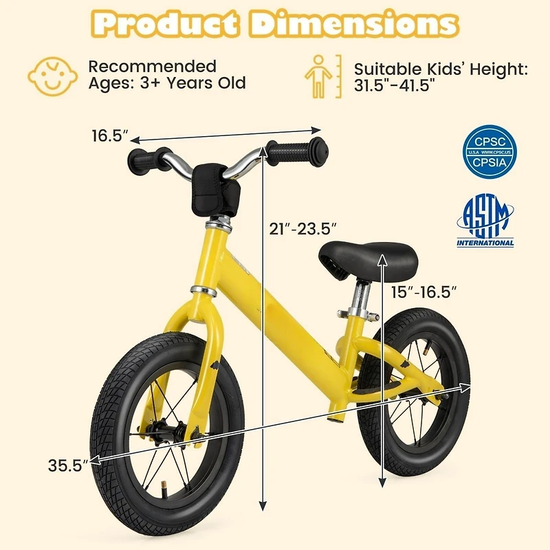 12 Inch Toddler Balance Bike with Height Adjustable Handlebar and Seat - Yellow