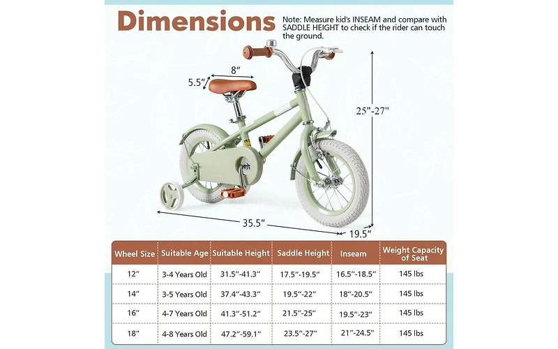Kids Bike with Adjustable Handlebar and Saddle - Green - 12 Inches