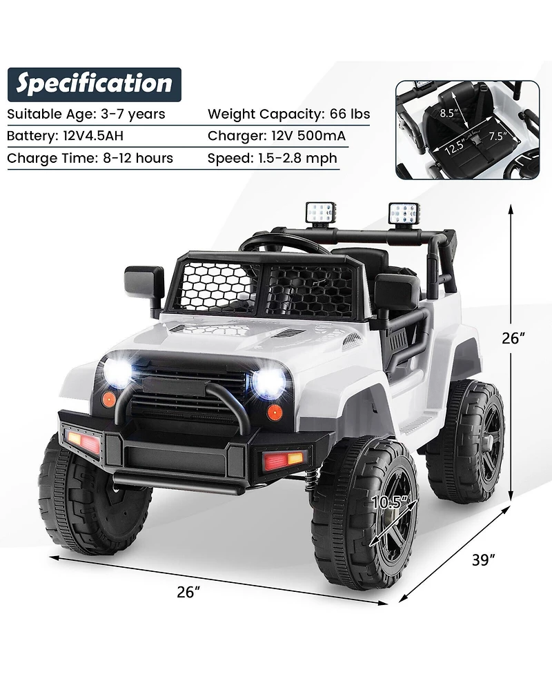 12V Kids Ride-On Truck with Remote Control and Headlights - White